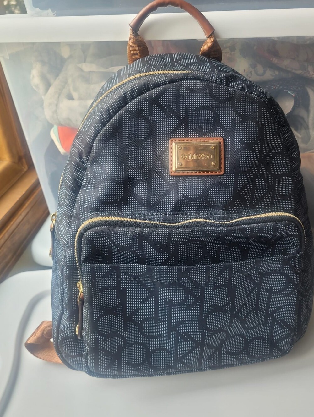 Calvin Klein Monogram Mini Backpack Navy Brown Gold Logo Everyday Travel Bag - Picture 4 of 5